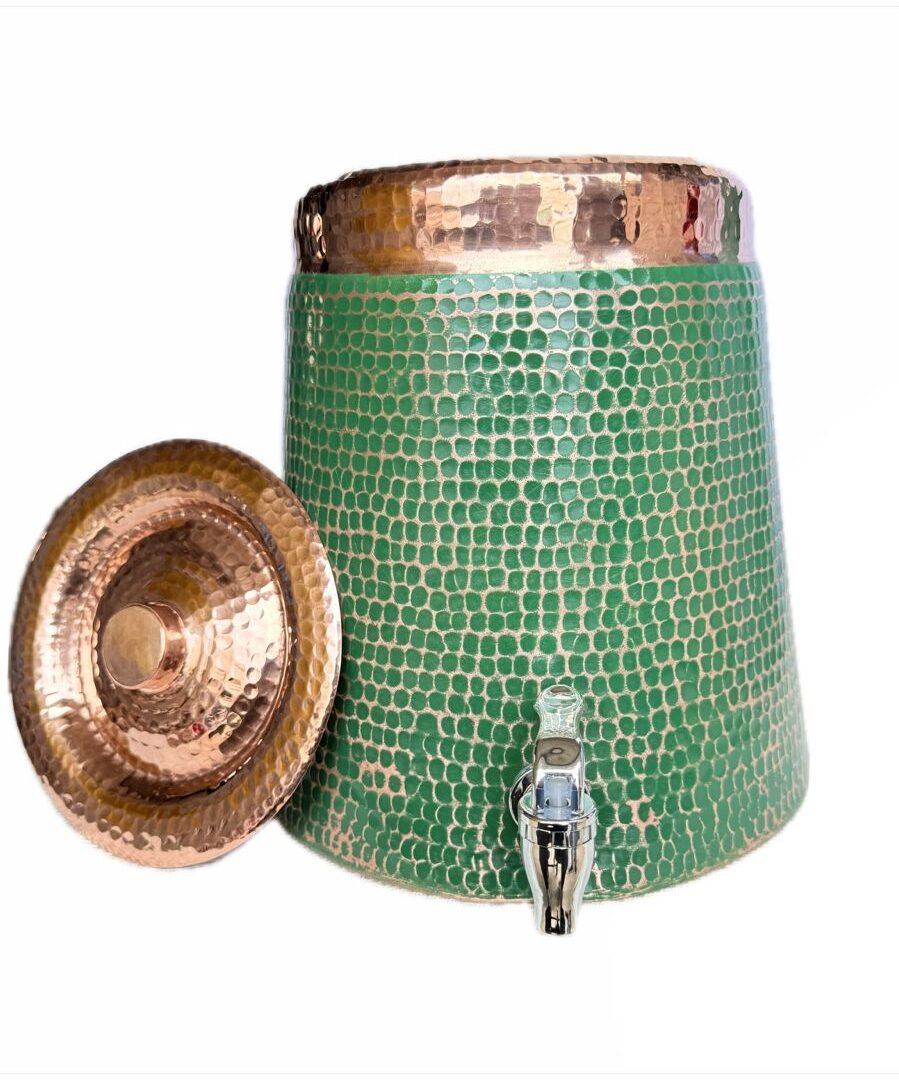 Dispensador De Agua 100% Cobre Con Diseño Artesanal Color Verde Esmeralda De Lujo (12 LT)