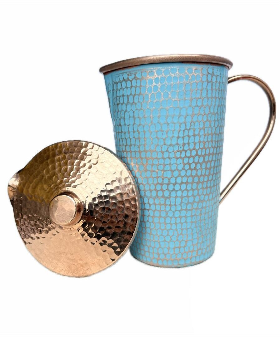 JARRA RECTA 100% COBRE CON UN DISEÑO ARTESANAL COLOR AZUL CLARO