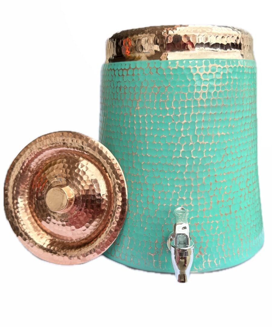 Dispensador De Agua 100% Cobre Con Diseño Artesanal Verde Turquesa De Lujo (12 LT)